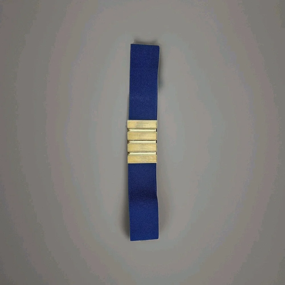 Vintage 1980s Blue Stretch Belt Striped Gold Tone Clip Buckle Elastic Waist Belt